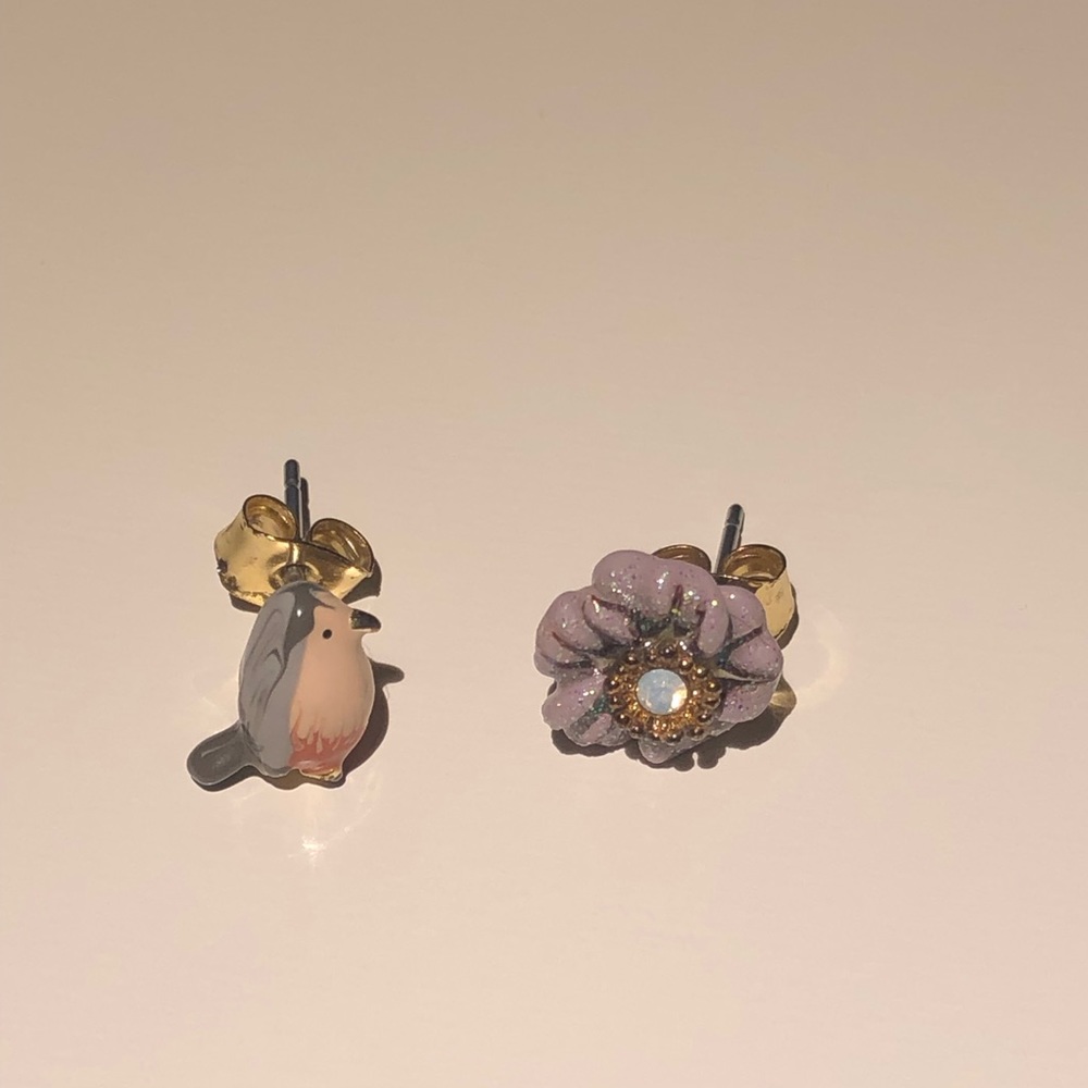 Les Nereides Bird Flower Enamel Earrings Studs